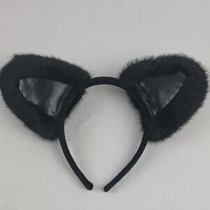 NWOT Black Fur And Leather Cat Ear Headband Cosplay